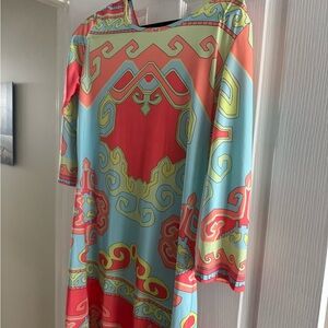 Light Blue and Coral Printed Long-Sleeve Shift Dress